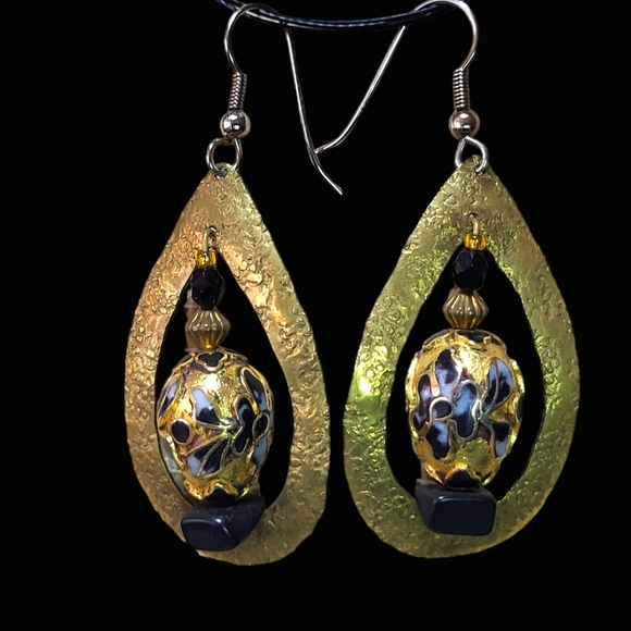 Vintage Cloisonne & Black Onyx Brass Dangle Hook Earrings - Picture 3 of 6